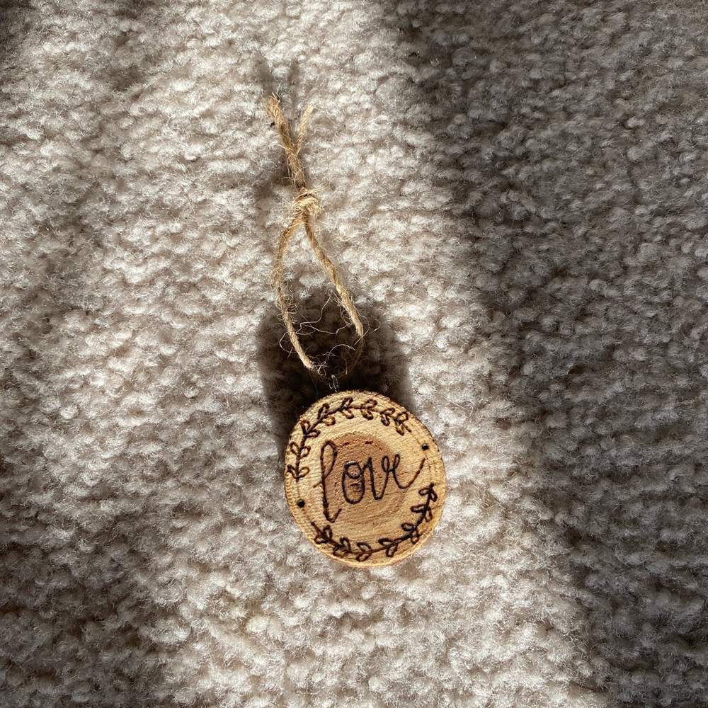 “Love” wood burned wood slice ornament
